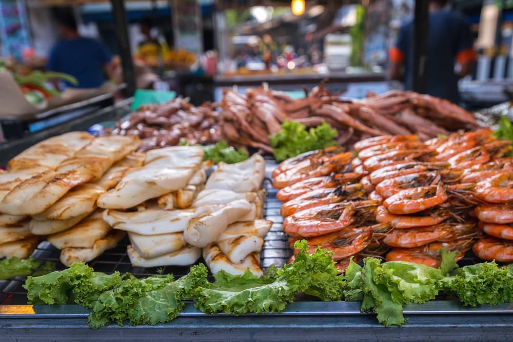 Assorted grilled seafood on display, which says enough for why you should try Phuket seafood.