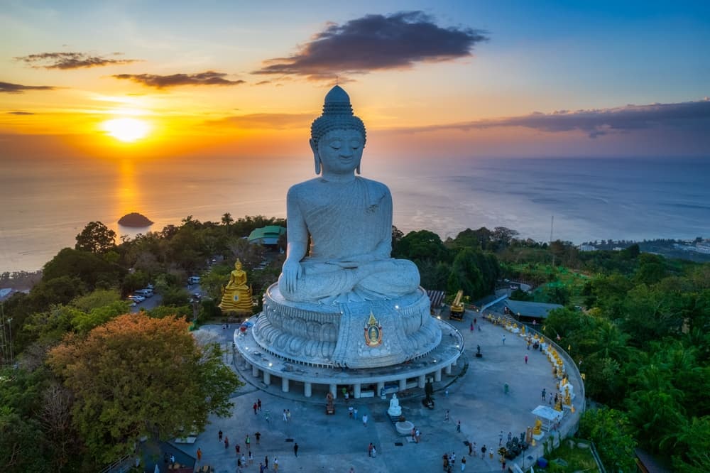 An aerial view of Big Buddha during sunset in Phuket